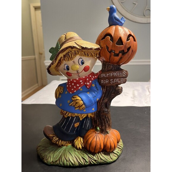 Vtg Hobbyist Ceramic Scarecrow Jack O Lantern Pumpkin Lights Up Fall Harvest - Picture 2 of 16
